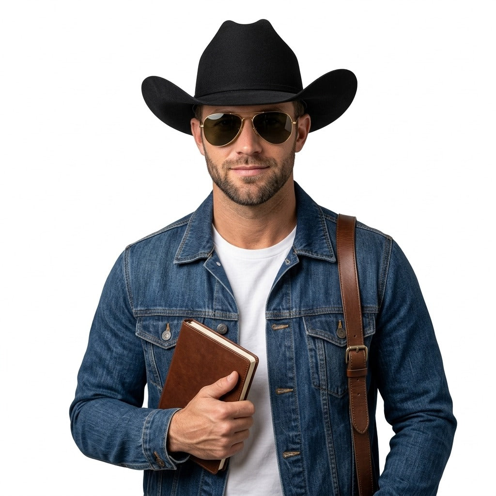 Gold Frame Glasses with Dark Lenses & Black Cowboy Hat Set – Adult Fancy Dress Accessories