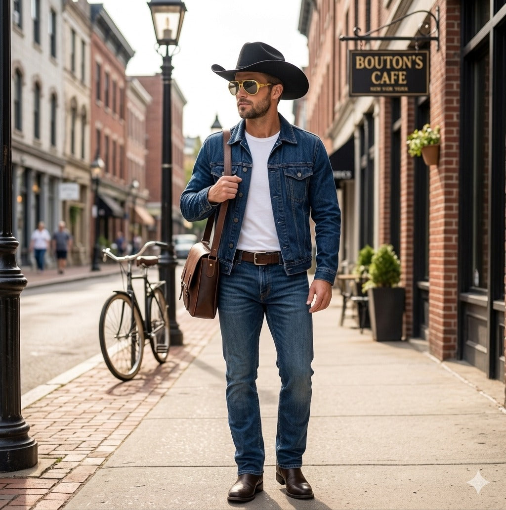 Gold Frame Glasses with Dark Lenses & Black Cowboy Hat Set – Adult Fancy Dress Accessories