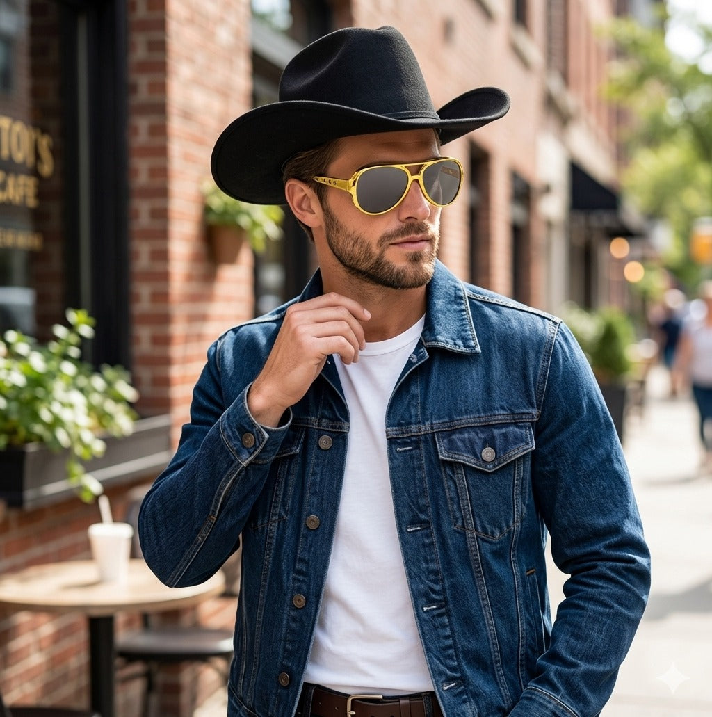 Gold Frame Glasses with Dark Lenses & Black Cowboy Hat Set – Adult Fancy Dress Accessories