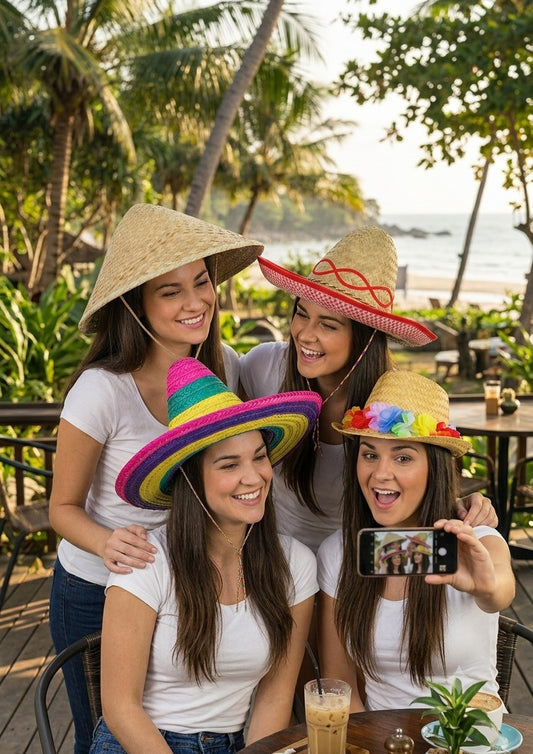 labreeze Set of 4 Fancy Dress Hats – Sombrero, Conical Straw & Gangster Hat with Flower Band