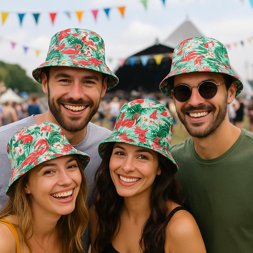 Set of 4 Flamingo Bucket Hats for Group – Tropical Pink Palm Leaf Summer Hats – Fun Group Accessory for Beach, Pool Parties, Holidays & Festivals - Labreeze Ltd