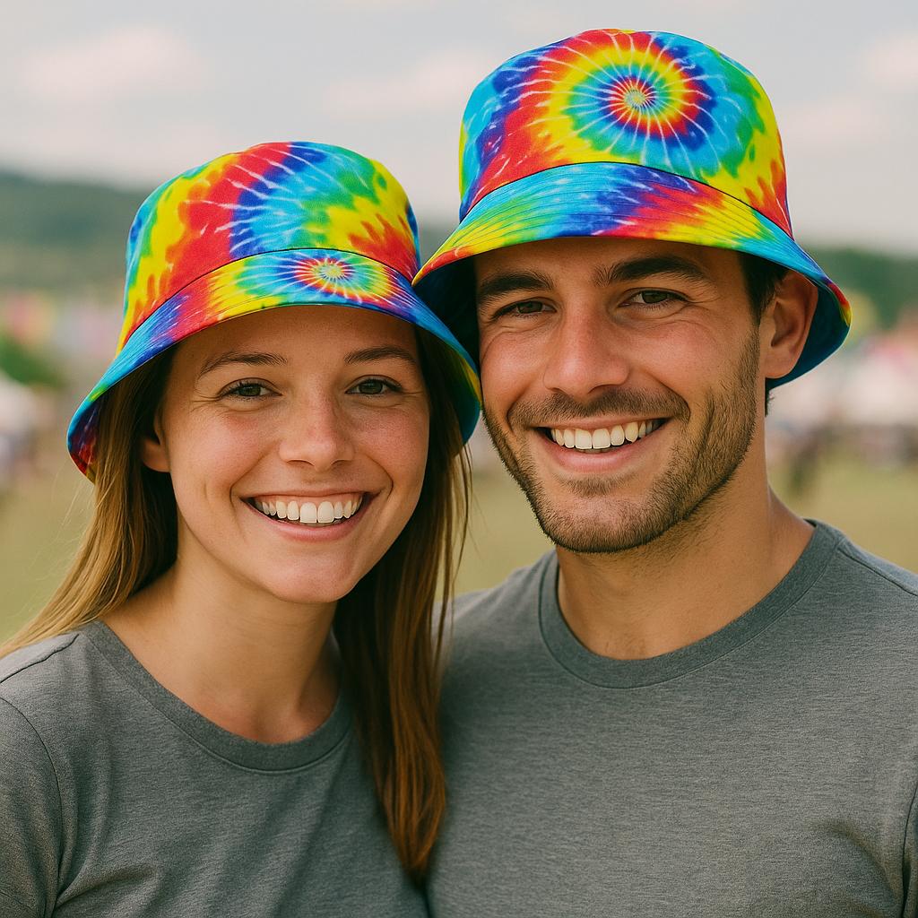 Couple’s Tie Dye Bucket Hat Set – 2 Colourful Festival Caps for Him & Her – Unisex 90s Style Hats for Summer, Beach, Holidays, Raves & Music Events by labreeze