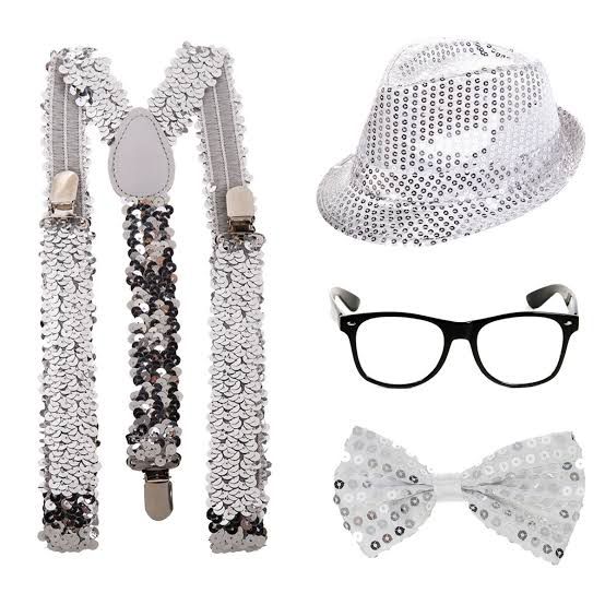 Silver New Year Party Accessory Set – Silver Suspenders, Silver Hat, Glasses & Silver Bow Tie for Adults