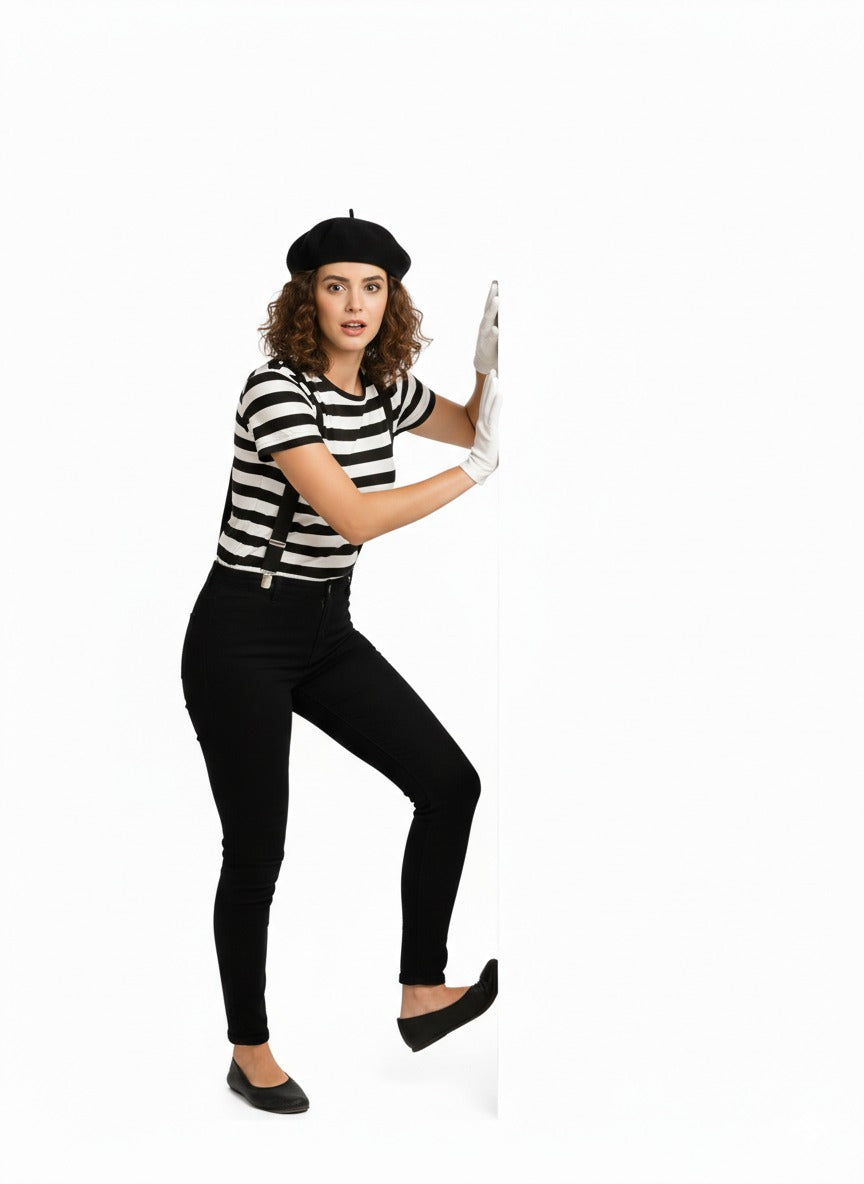 Women's French Mime Costume Set – Black & White Stripe T-Shirt, Black Beret Hat, White Gloves & Black Braces