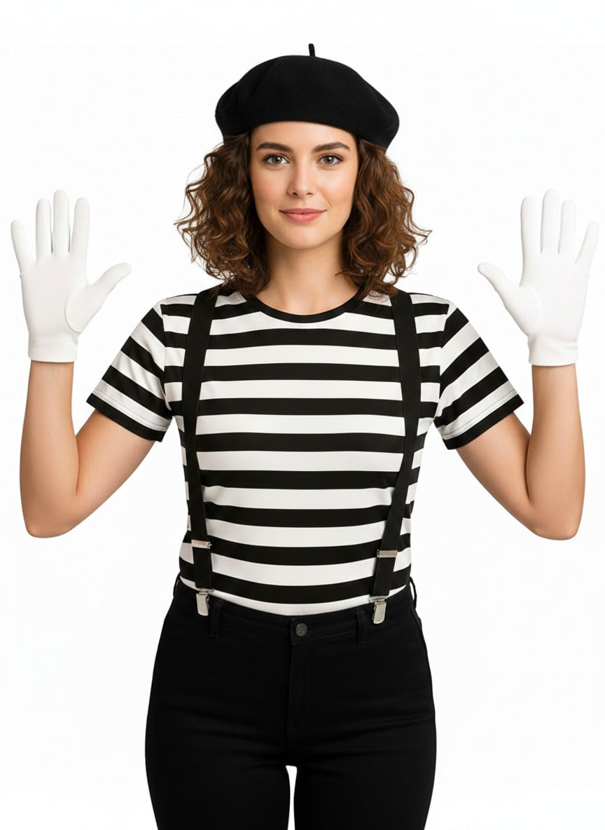 Women's French Mime Costume Set – Black & White Stripe T-Shirt, Black Beret Hat, White Gloves & Black Braces