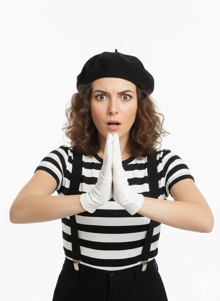 Women's French Mime Costume Set – Black & White Stripe T-Shirt, Black Beret Hat, White Gloves & Black Braces