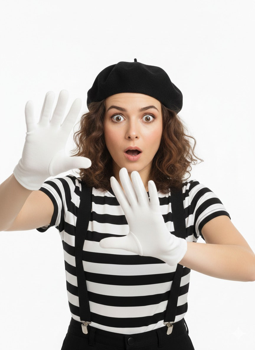 Women's French Mime Costume Set – Black & White Stripe T-Shirt, Black Beret Hat, White Gloves & Black Braces