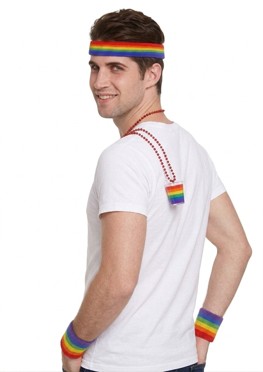 Pride Headband & Wristbands Set with Rainbow Shot Glass Necklace – LGBTQ+ Party Accessories - Labreeze Ltd