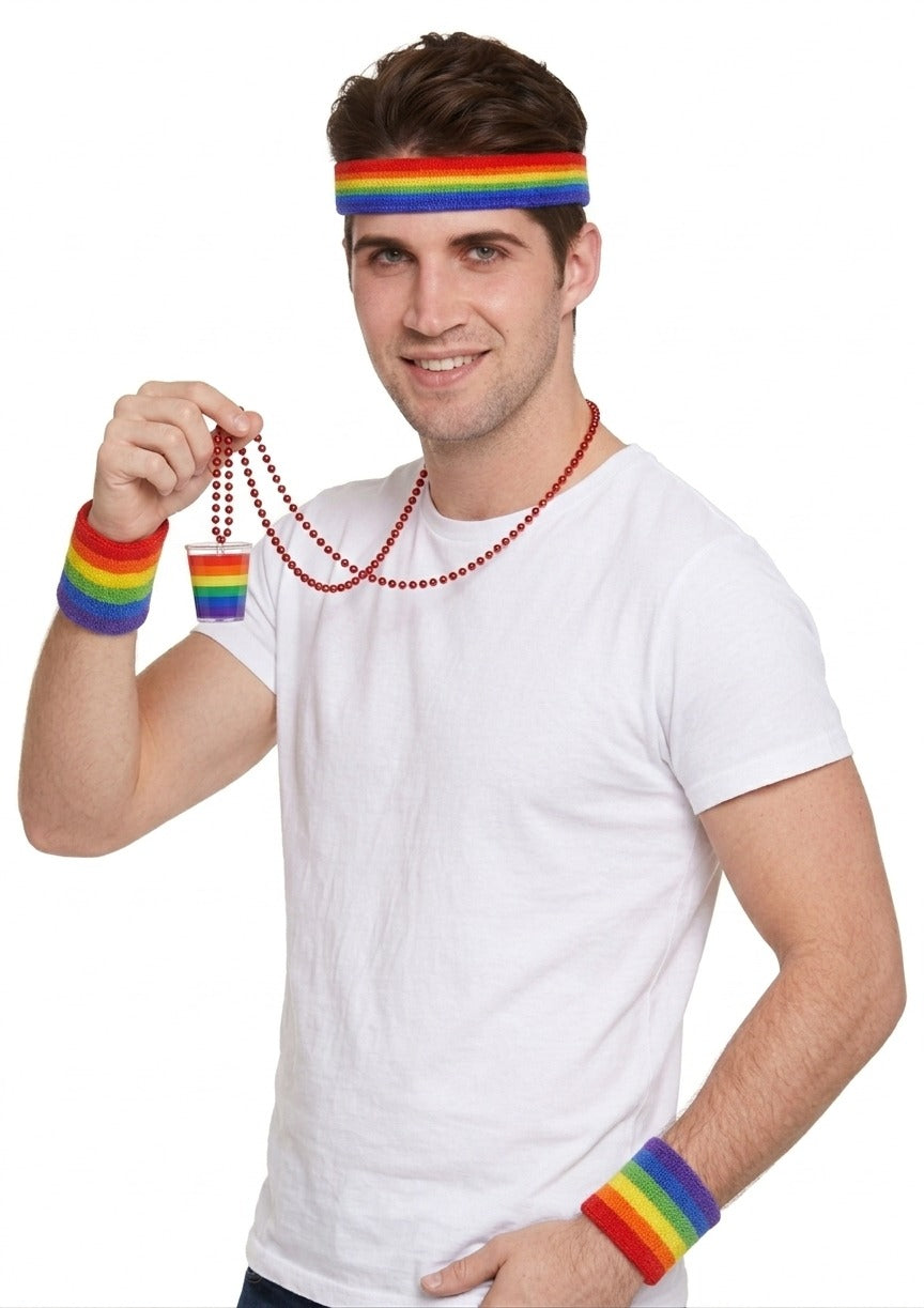 Pride Headband & Wristbands Set with Rainbow Shot Glass Necklace – LGBTQ+ Party Accessories - Labreeze Ltd
