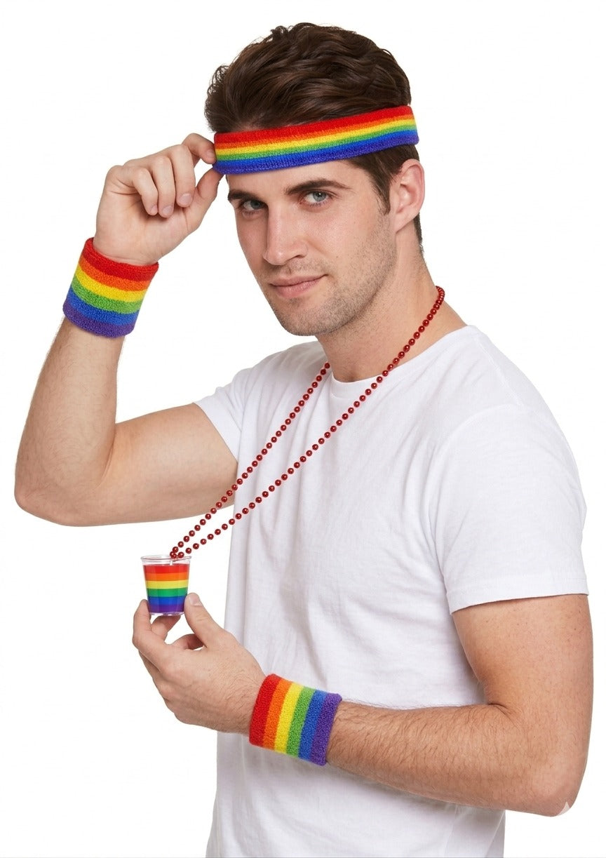 Pride Headband & Wristbands Set with Rainbow Shot Glass Necklace – LGBTQ+ Party Accessories - Labreeze Ltd