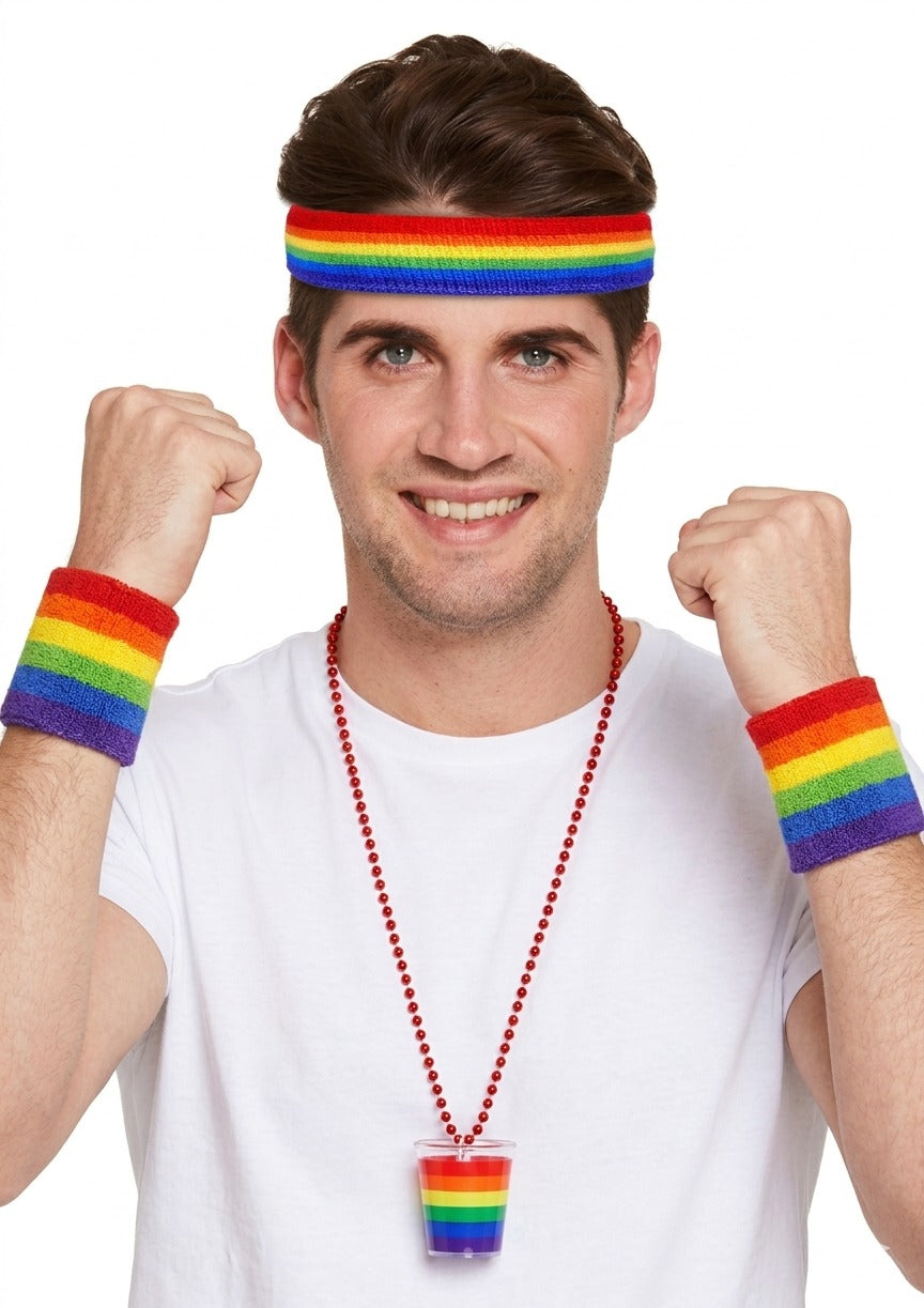 Pride Headband & Wristbands Set with Rainbow Shot Glass Necklace – LGBTQ+ Party Accessories - Labreeze Ltd