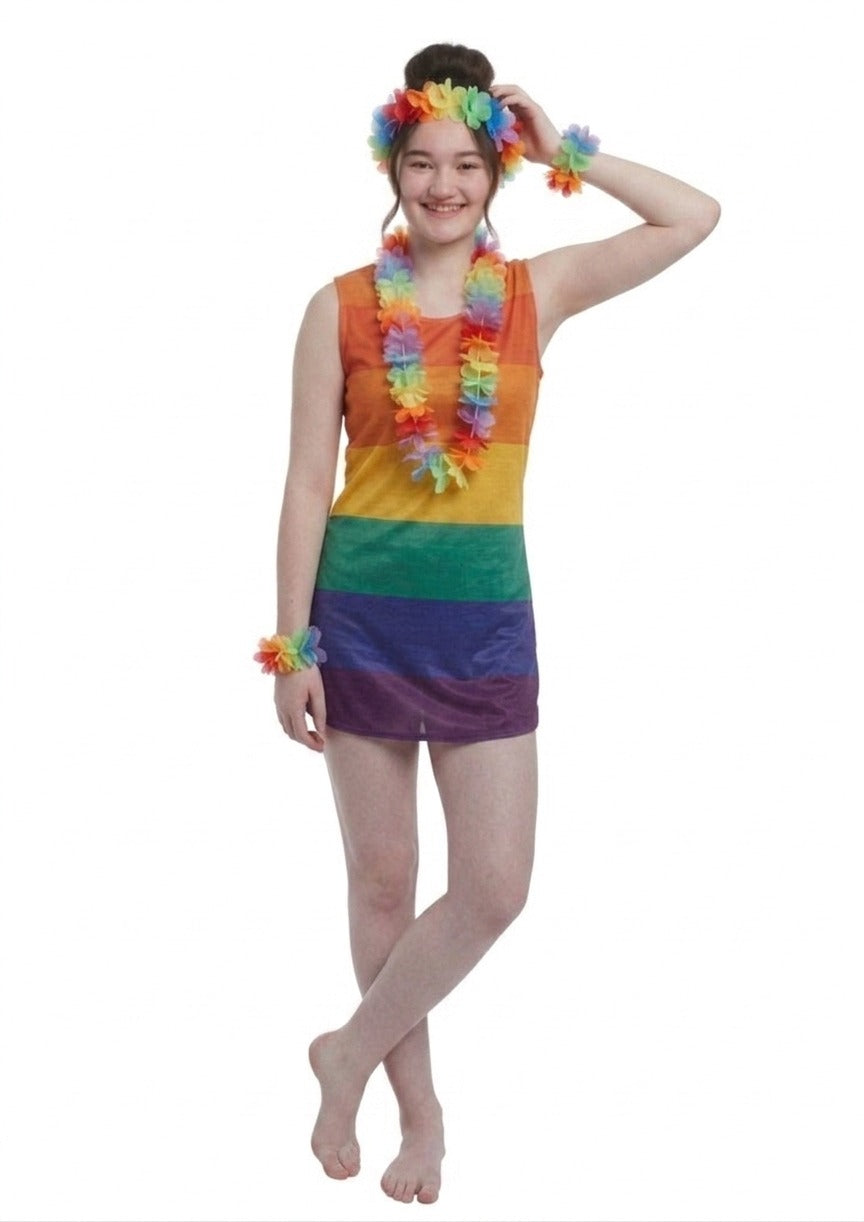 Pride Rainbow Dress with Hula Lei Set (4 Pieces) – Adult One Size Fancy Dress Costume - Labreeze Ltd