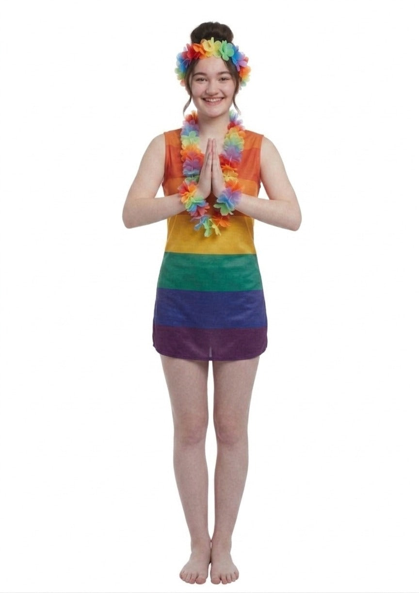 Pride Rainbow Dress with Hula Lei Set (4 Pieces) – Adult One Size Fancy Dress Costume - Labreeze Ltd