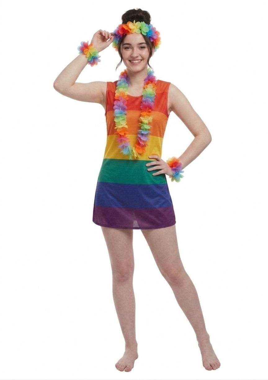 Pride Rainbow Dress with Hula Lei Set (4 Pieces) – Adult One Size Fancy Dress Costume - Labreeze Ltd