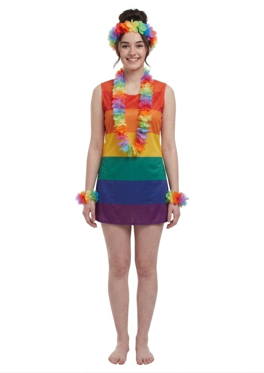 Pride Rainbow Dress with Hula Lei Set (4 Pieces) – Adult One Size Fancy Dress Costume - Labreeze Ltd