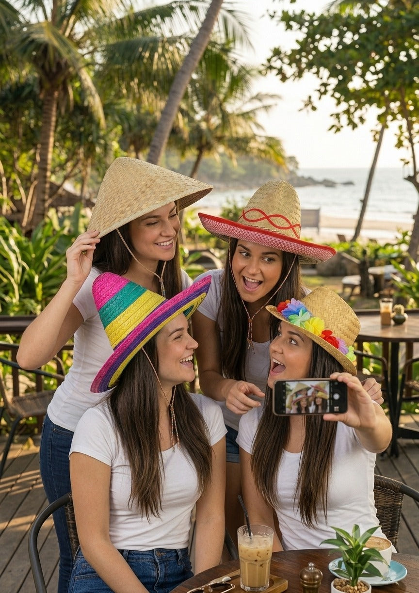 labreeze Set of 4 Fancy Dress Hats – Sombrero, Conical Straw & Gangster Hat with Flower Band