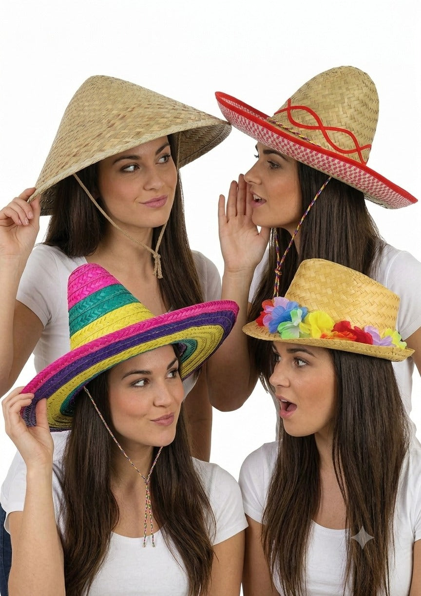 labreeze Set of 4 Fancy Dress Hats – Sombrero, Conical Straw & Gangster Hat with Flower Band