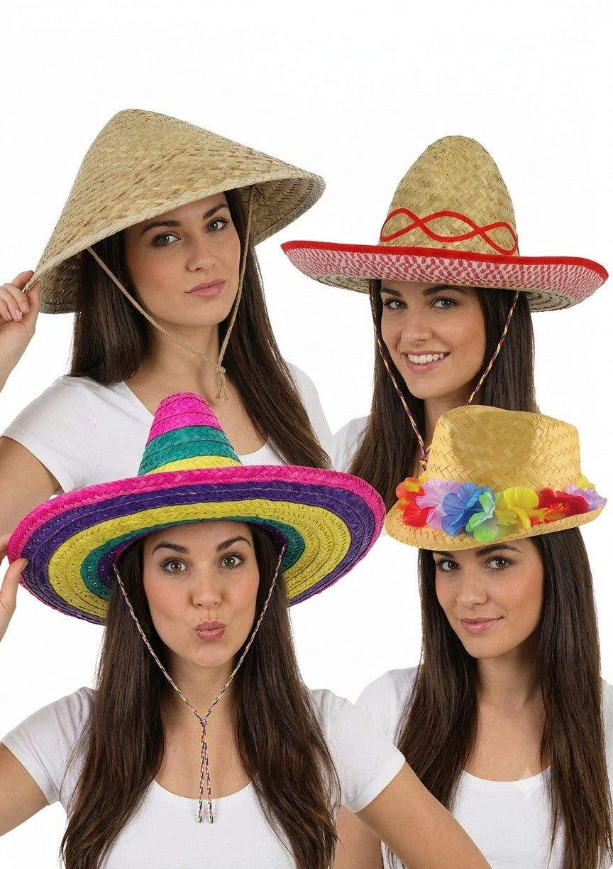 labreeze Set of 4 Fancy Dress Hats – Sombrero, Conical Straw & Gangster Hat with Flower Band