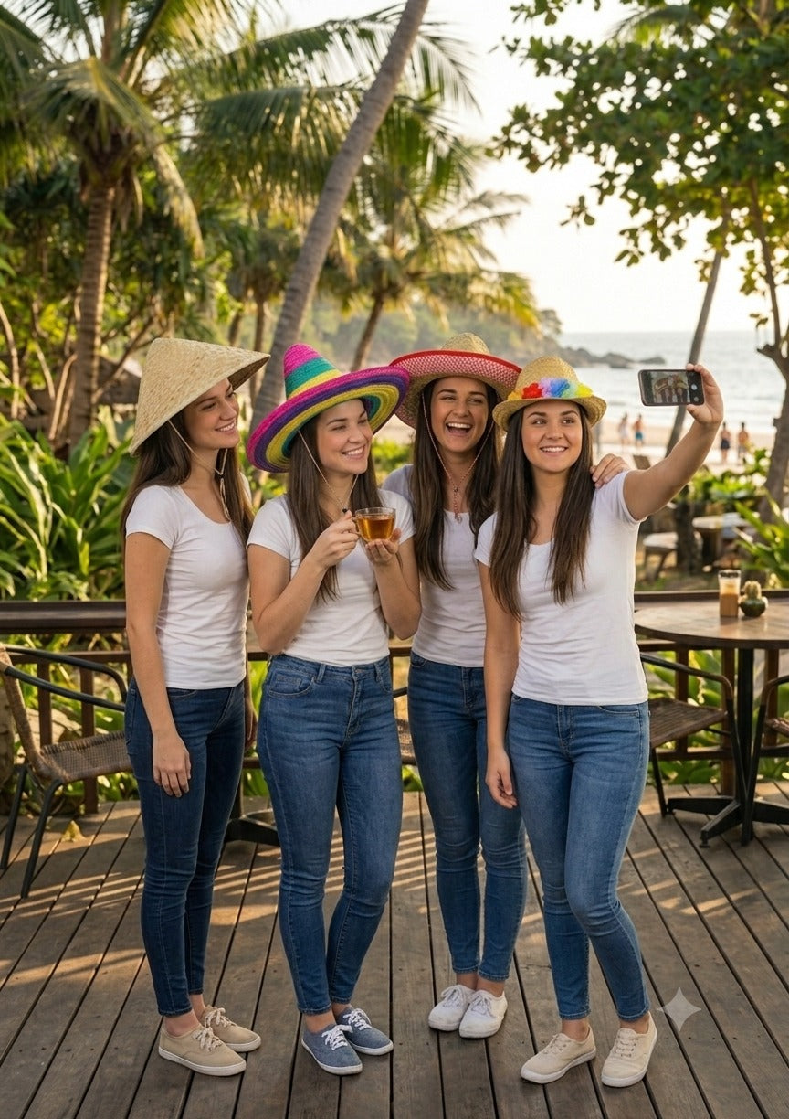 labreeze Set of 4 Fancy Dress Hats – Sombrero, Conical Straw & Gangster Hat with Flower Band