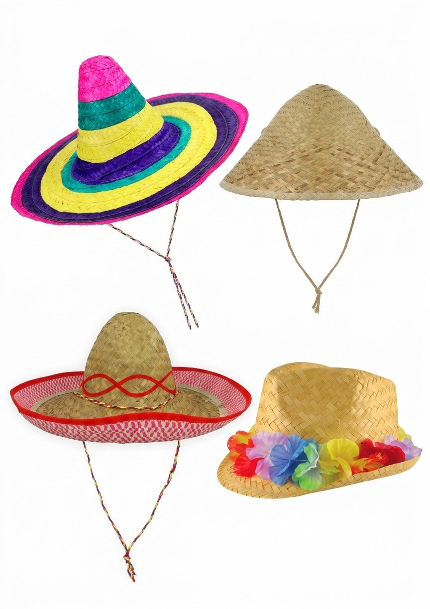 labreeze Set of 4 Fancy Dress Hats – Sombrero, Conical Straw & Gangster Hat with Flower Band