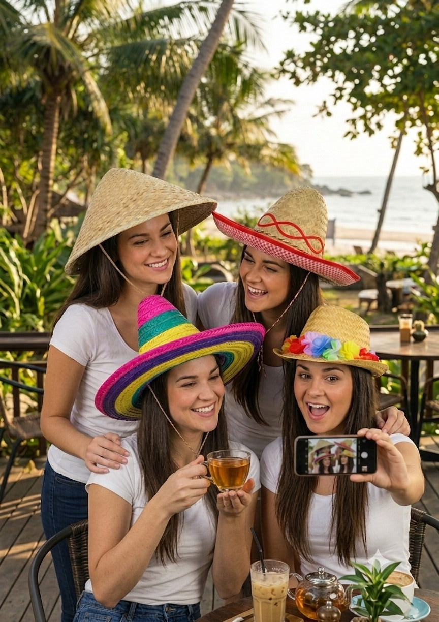 labreeze Set of 4 Fancy Dress Hats – Sombrero, Conical Straw & Gangster Hat with Flower Band