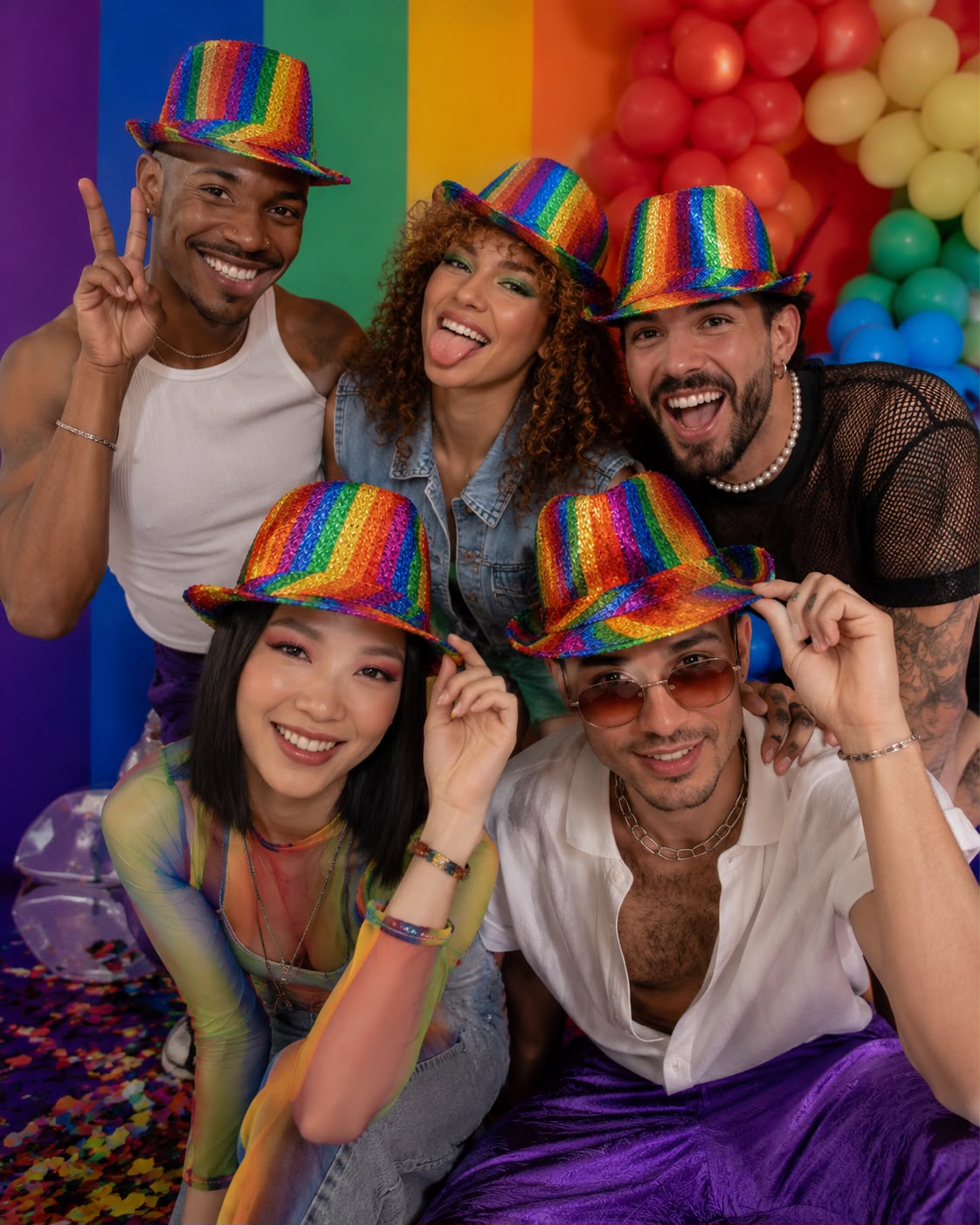 labreeze Set of 5 Rainbow Pride Metallic Tinsel Trilby Hats for Adults – Sparkly Festival & Party Hats