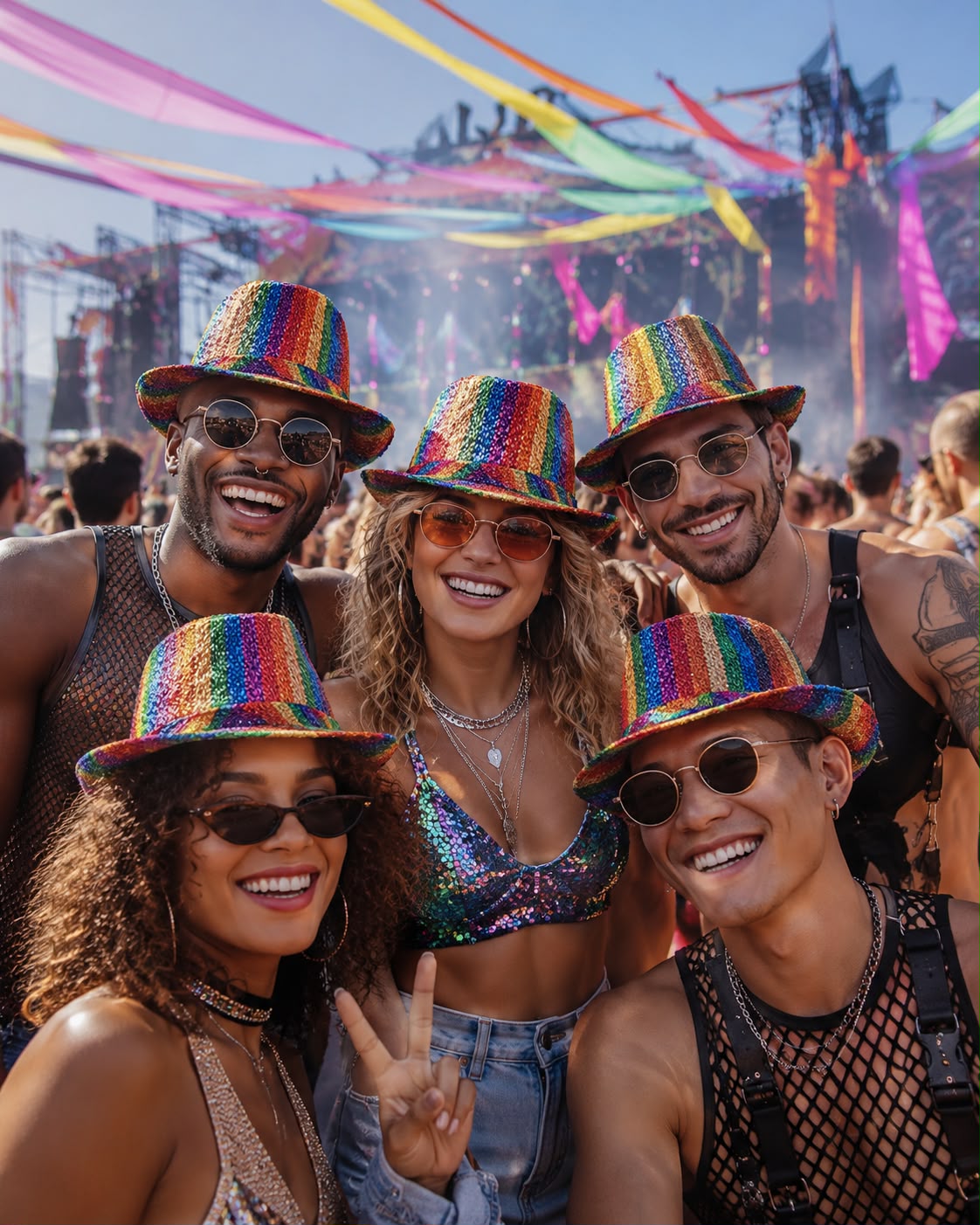 labreeze Set of 5 Rainbow Pride Metallic Tinsel Trilby Hats for Adults – Sparkly Festival & Party Hats