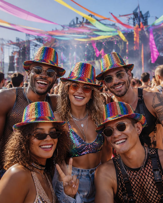 labreeze Set of 5 Rainbow Pride Metallic Tinsel Trilby Hats for Adults – Sparkly Festival & Party Hats