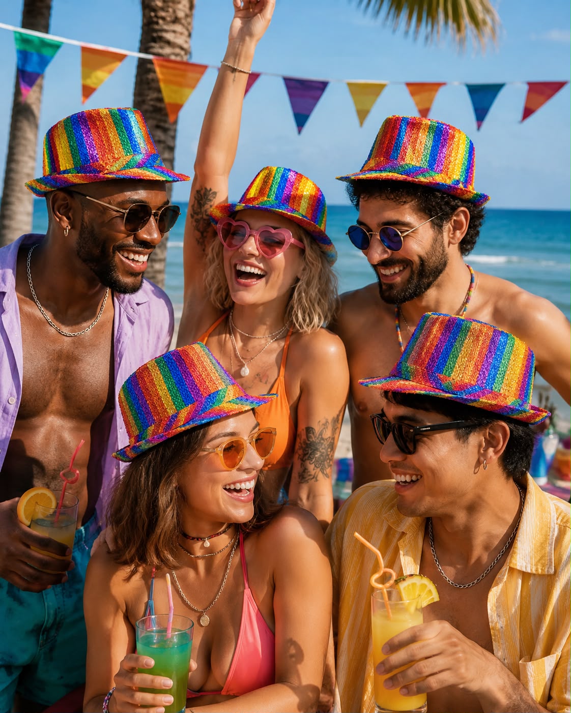 labreeze Set of 5 Rainbow Pride Metallic Tinsel Trilby Hats for Adults – Sparkly Festival & Party Hats