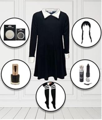 Adult Plain Swing Dress Costume and Accessories Set – Featuring Black Nail Polish, Lipstick, Face Paint, Wig, Referee Over-the-Knee Socks, and More - Labreeze