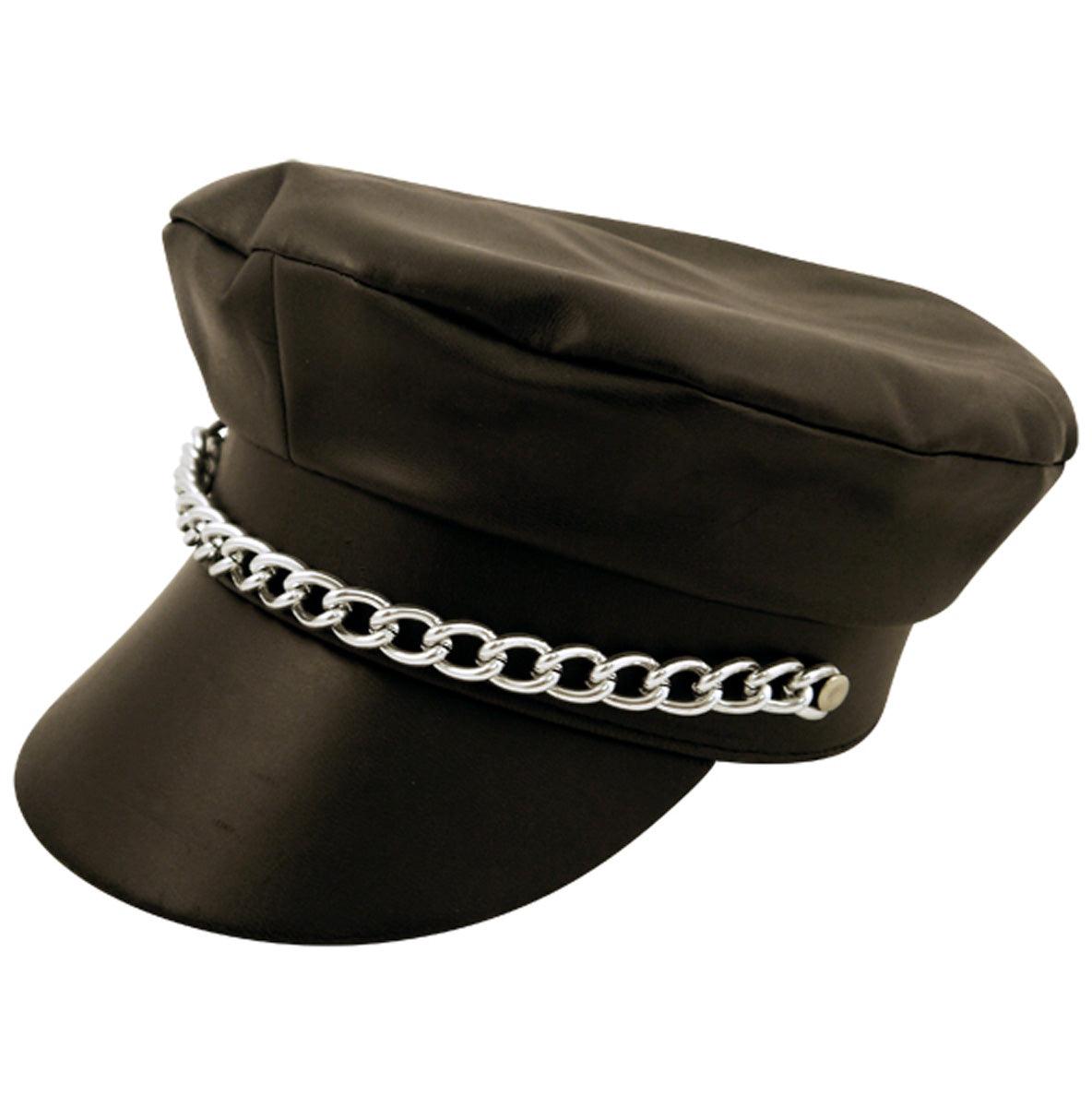 Adults Black Punk Leather Cap Line Look Biker Cap with Chain Fancy Dress Party Hat - Labreeze