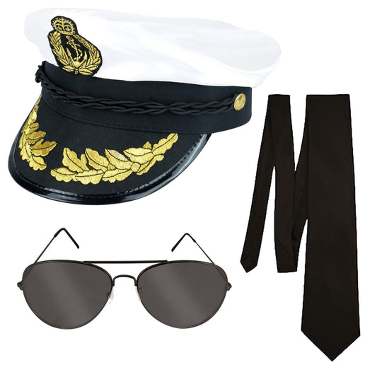 Adults Navy Captains Hat Black Tie Aviator Glasses Instant Kit Captain Officer Sailor Man Uniform - Labreeze
