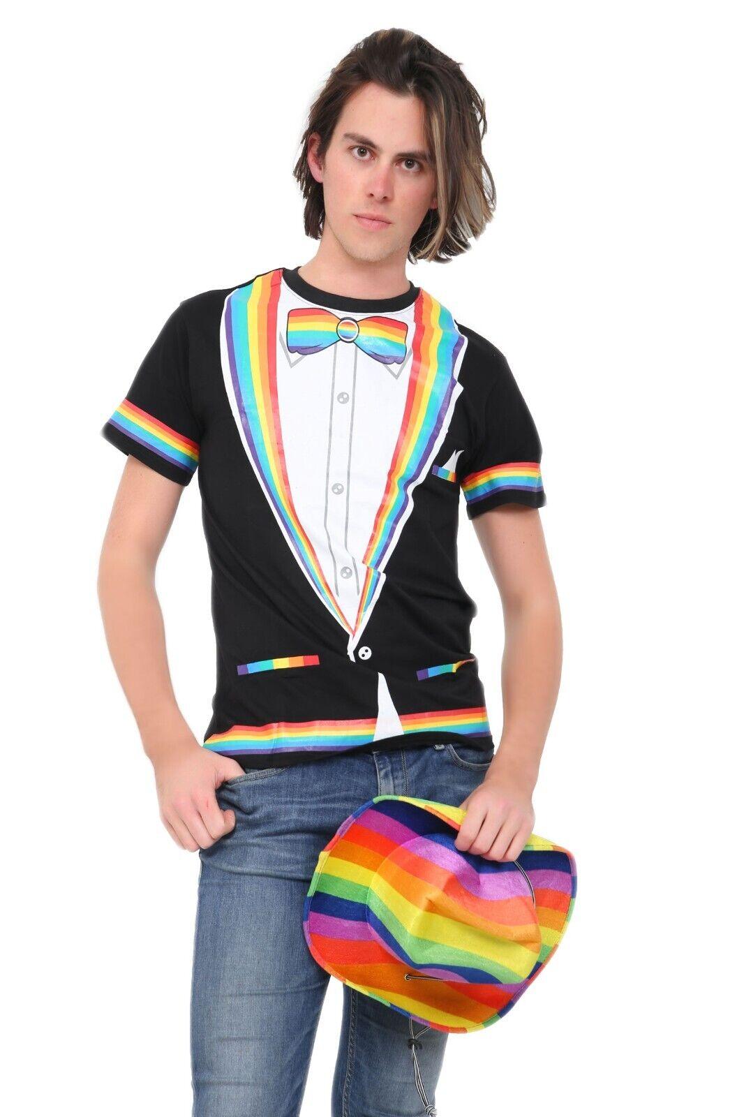 Adults Rainbow Printed T-Shirt with Cowboy Hat LGBTQ Gay Pride Unisex Fancy Dress Party Costume - Labreeze