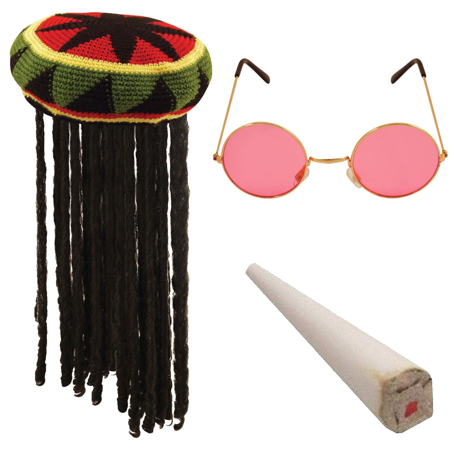 Adults Rasta Jamaican Hat with Dreadlocks Fake Spliff Pink Glasses Caribbean Party Kit - Labreeze
