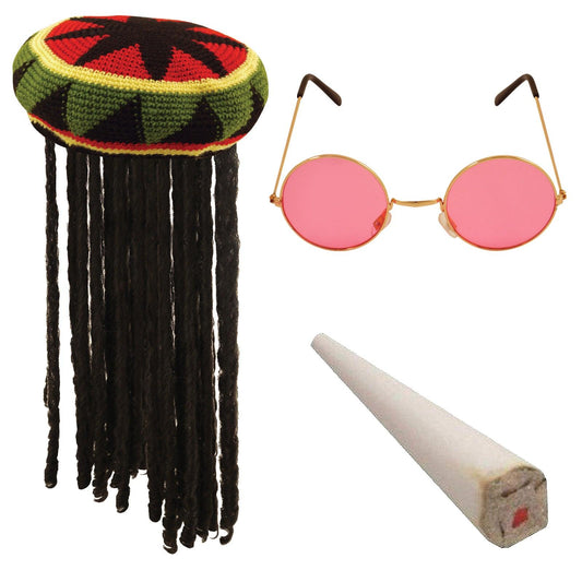 Adults Rasta Jamaican Hat with Dreadlocks Fake Spliff Pink Glasses Caribbean Party Kit - Labreeze