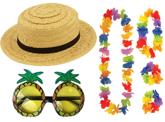 Adults Straw Boater Hat Pineapple Glasses 4Pcs Lei Set Hawaiian Summer Beach Party Fancy Dress - Labreeze