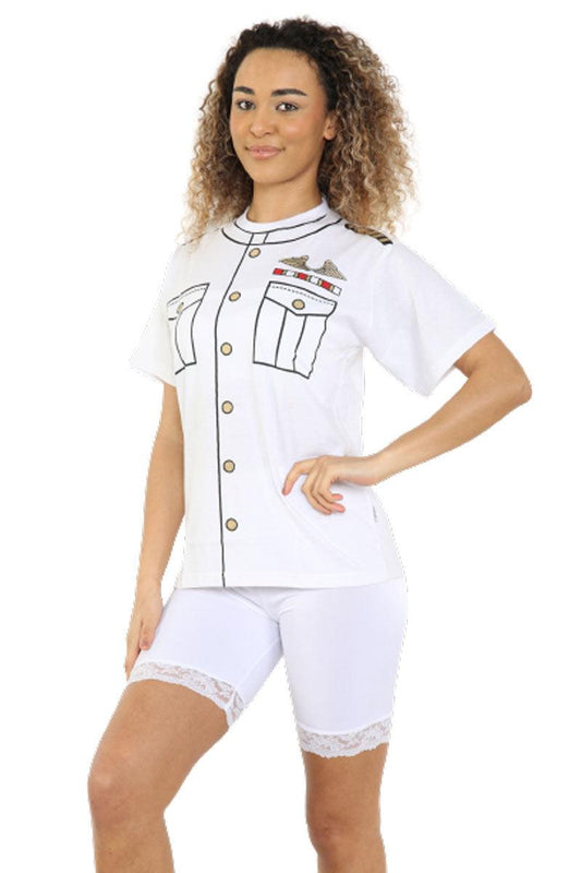 Adults Unisex Navy Captain Printed T-Shirt Short Sleeve Naval Officer Fancy Dress Top - Labreeze