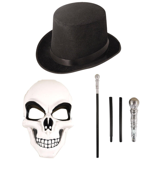 Adults White Skeleton Face Mask Black Velour Topper Hat Silver Cane Stick Halloween Scary Day of Dead Fancy Dress Set - Labreeze