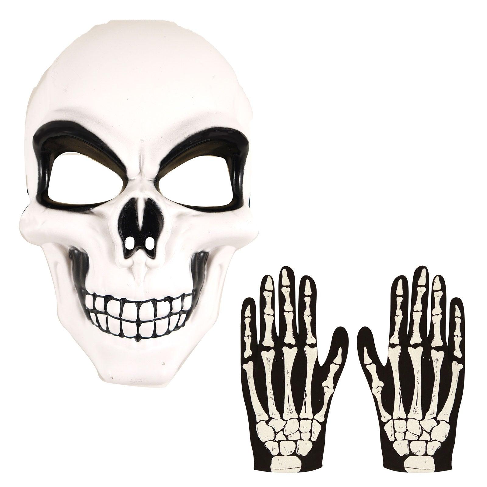 Adults White Skeleton Mask Bone Print Gloves Halloween Scary Horror Fancy Dress Costume 2 Pcs Set - Labreeze