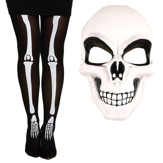 Adults White Skeleton Mask Bone Print Tights Halloween Scary Horror Fancy Dress Costume 2 Pcs Set - Labreeze