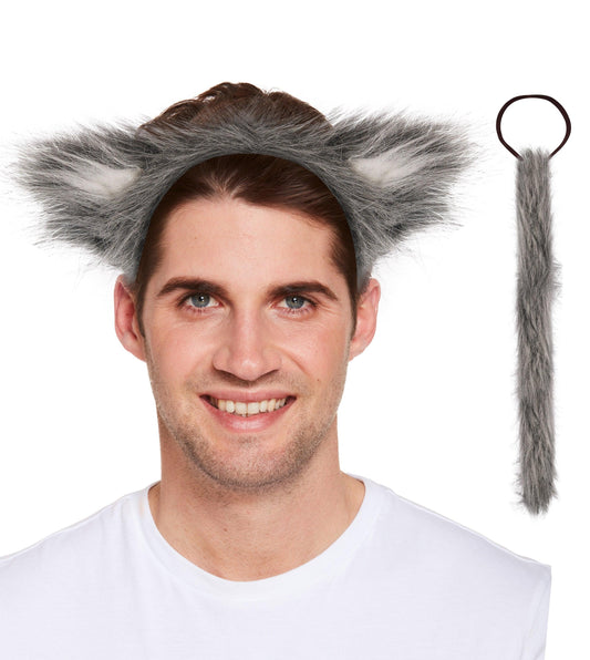 Adults Wolf Ears & Tail Set 2 Pcs Grey Fluffy Funky Animal Fancy Dress Costume Accessory - Labreeze
