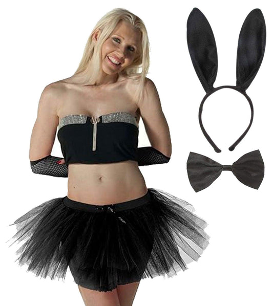 Black 3-Layer Tutu Skirt, Bunny Ears, and Bow Tie - Halloween Scary Spooky Bunny Fancy Dress Costume - Labreeze