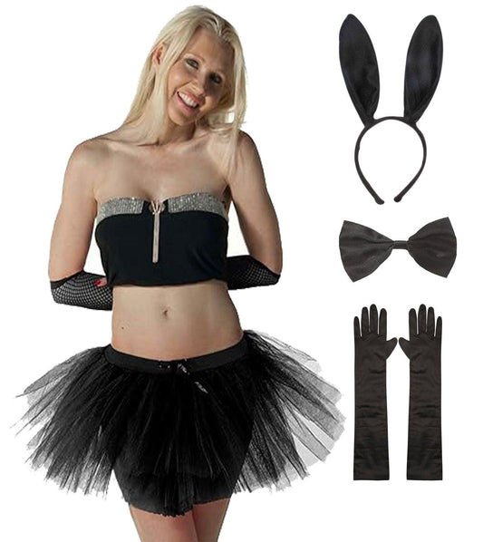 Black 3-Layer Tutu Skirt, Bunny Ears, Bow Tie, and Long Black Satin Gloves - Halloween Scary Spooky Fancy Dress Costume Set - Labreeze