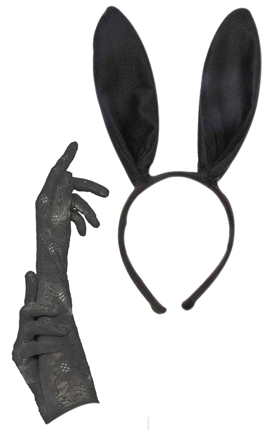 Black bunny Ears on Headband Long Lace Gloves Halloween Spooky Fancy Dress Party 2 Pcs Set - Labreeze