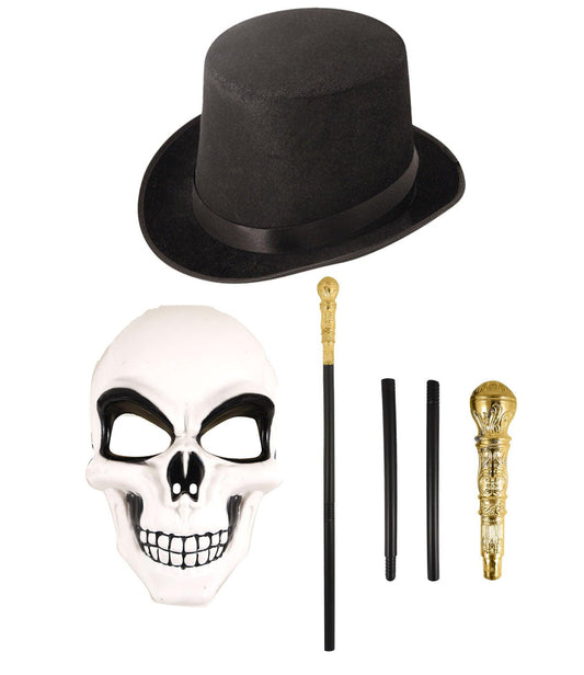 Black Lincoln Top Hat Skeleton Face Mask Gold Cane Stick Halloween Horror Day of Dead Fancy Dress Set - Labreeze