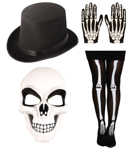 Black Lincoln Top Hat Skeleton Mask Gloves Tights Halloween Scary Spooky Day of the Dead Fancy Dress Set - Labreeze