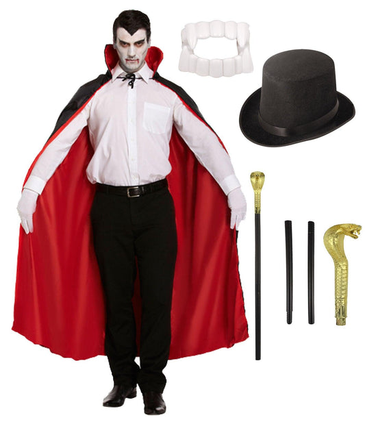 Black Velour Topper Hat Reversible Cape Snake Cane White Fanged Teeth Halloween Vampire Fancy Dress Costume - Labreeze