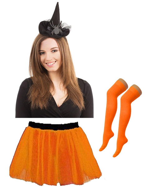 Black Witch Hat Headband with Diamante Spider Orange 3 Layer Tutu Skirt OTK Socks Halloween Scary Witch Costume - Labreeze