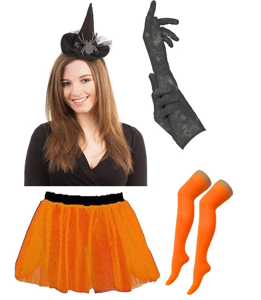 Black Witch Hat Headband with Diamante Spider Orange Tutu Skirt OTK Socks Black Long Lace Gloves Halloween Scary Witch Costume - Labreeze