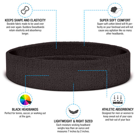 Black Towelling Sports Headband and Wristbands Set - Highly Absorbent Sweatbands for Running, Gym, Yoga & Athletics - Comfortable Fit for Men & Women